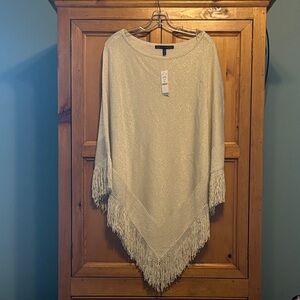 WHBM Metallic Gold Fringe Poncho Sweater